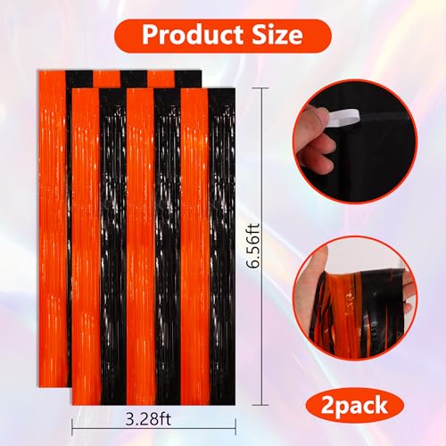Image of BEISHIDA Black Orange Door Streamers Backdrop Foil Fringe Tinsel Party Streamers Curtains Photo Backdrop - 2Pcs for Birthday Graduation Halloween Party Decoations