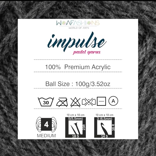 Image of WOAFashions Impulse Hand Knitting & Crochet Yarn, Premium Acrylic, 4 : Medium (Grey Mixture) (4x100gms / 14.1oz)