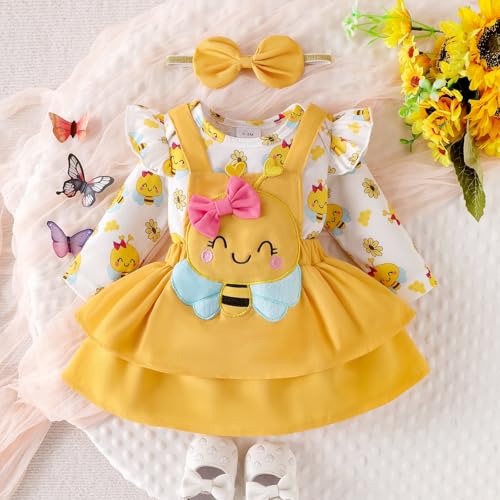 Baby Girl Clothes Fall Winter Outfits Cute Print Infant Romper Suspender Skirt with Headband 3pc Set 0-24 Months2