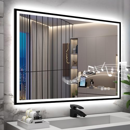 S·BAGNO 36''x28'' LED Bathroom Mirror with Lights, Bathroom Vanity Wall Mirror with Buletooth, Anti-Fog, Stepless Dimmable, 3 Colors, Tempered Glass