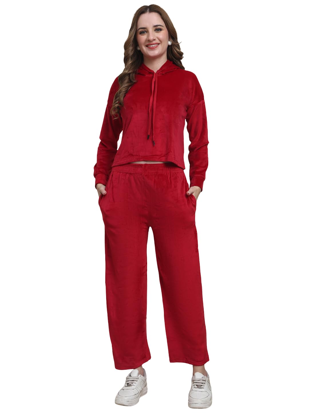 Women's Velvet Hooded Winter Co-ord Set, Sweatshirt and Trouser-image-33
