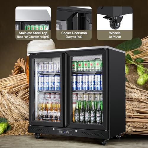 Image of BODEGACOOLER Back Bar Cooler with 2 Glass Doors,7.7 Cu.ft Commercial Bar Beverage Refrigerator Under Counter LED Lighting for Soda Drinks,Beer,Wine with Stainless Steel Top,DOE Approved,4 Casters