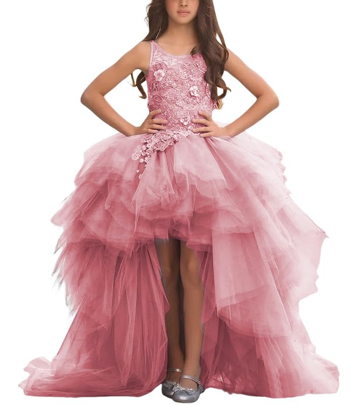 Girls Flower Girl Dress Tiered Tulle Pageant Dresses High Low Appliques Princess Kids Formal Party Ball Gown
