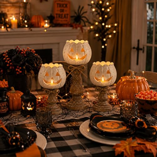 Rustic White Pumpkin Tealight Candle Holder Set of 3 Farmhouse Jack O Lantern Tealight Holders with Wood Look Pedestal & Jute Bow Halloween Table Centerpiece Decor