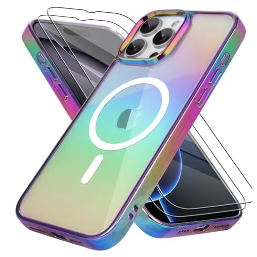Bonoma for iPhone 16 Pro Max Case Magnetic 【Support for Magsafe】 Bling Laser Iridescent Florescent Crystal Luxury Camera Protector + 2* Screen Protector Shockproof Edge Cover -Purple