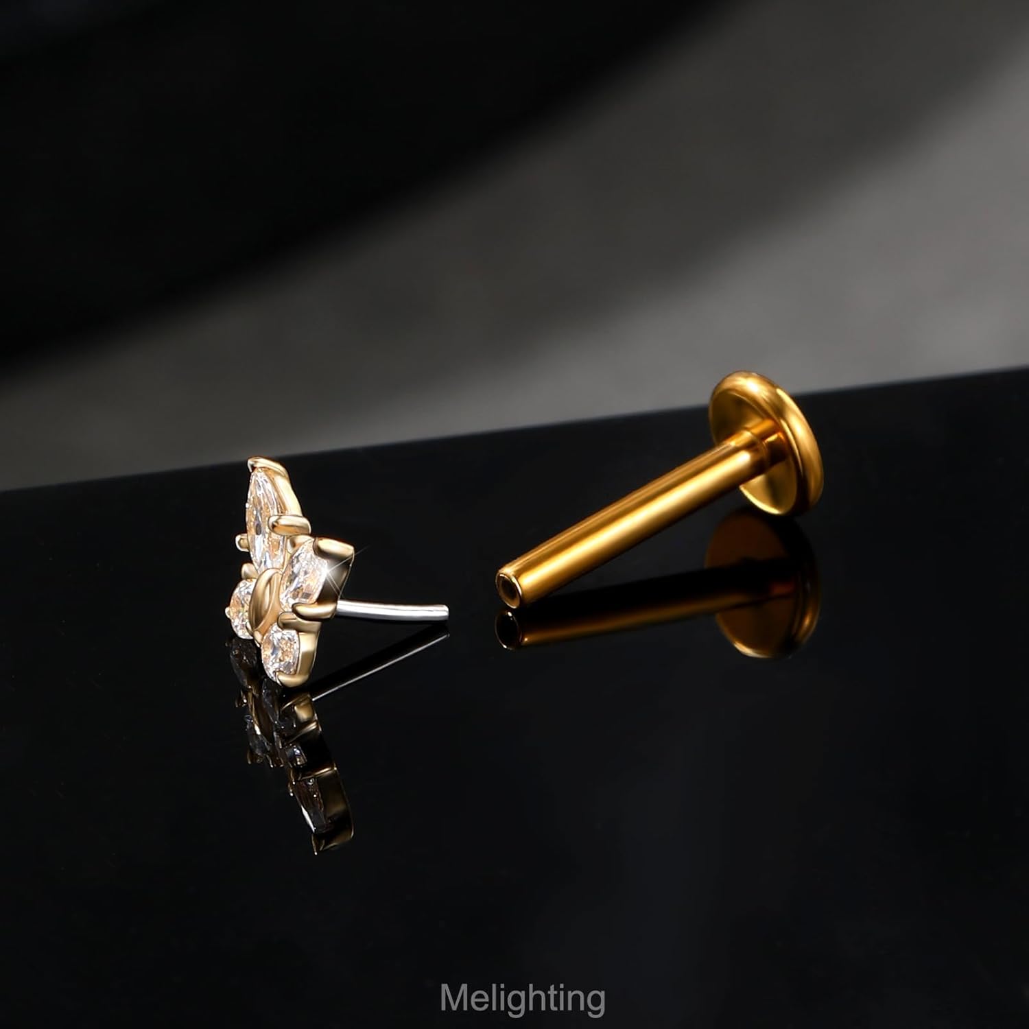 Melighting 14K Solid Gold Butterfly Cartilage Earring - Titanium Threadless Push In Earring - 16G Flat Back - 6/8 mm Helix Piercing for Women - Image 7