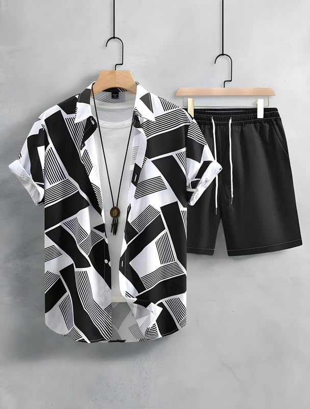 Image of Men's Printed Co-Ord Set | Plus Size Casual Shirt & Shorts Set | Nightwear Pajama Suit, Loungewear, Beachwear & Vacation Outfit Design No Shirt-Short Set10-Parent