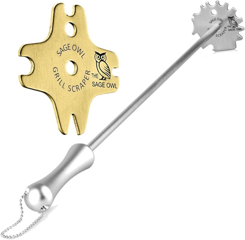 Sage Owl Bristle-Free Stainless Steel BBQ Grill Scraper with Handle Combo- Safe Portable Brass Grill Cleaner for Outdoor, Porcelain and Charcoal Grills – Gift for Men Who Have Everything