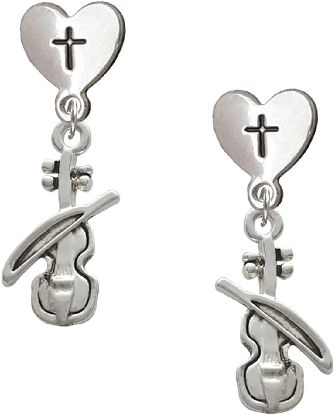 Delight Jewelry Silvertone Violin Cross in Heart Post Dangle Earrings