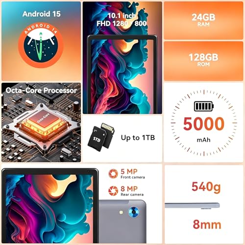 Image of Android Tablet with 10.1 inch 1280 * 800 IPS HD Touchscreen, Octa-Core Processor, 128GB Storage, 1TB TF Card Expandable, 5G /2.4G WiFi, BT 5.0,Dual Camera, Tablet for Study, Business&Entertainment