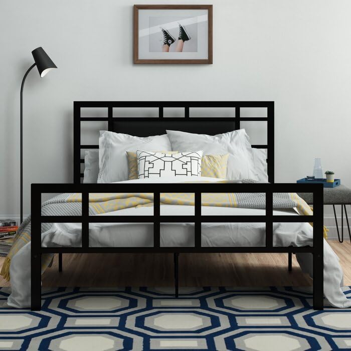 Image of Vegan Leather Metal Open-Frame Bed (or Upholstered Vegan Leather Metal Platform Bed) Geometric Open-Frame Grid Pattern on Both Headboard and Footboard.