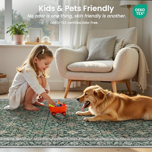 Rugland 5x7 Area Rugs - Stain Resistant Washable Rug, Anti Slip Rugs for Living Room, Vintage Tribal Area Rugs(Vintage01-Green, 5'x7')