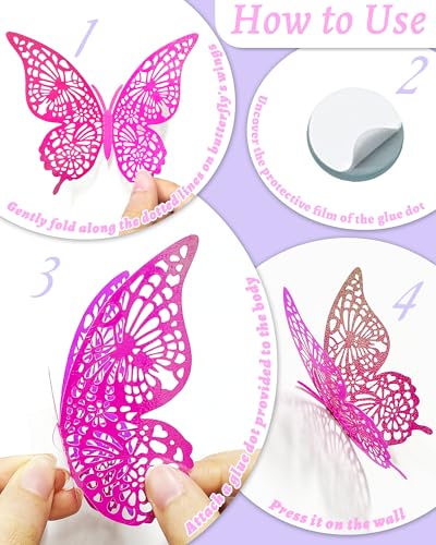 Image of 72Pcs 3D Butterfly Wall Decor, Pinkpurple Butterfly Decorations, 4 Styles 3 Sizes Removable Butterflies Wall Stickers Room Decor for Birthday Party Kids Bedroom Cake Nursery Room Decor