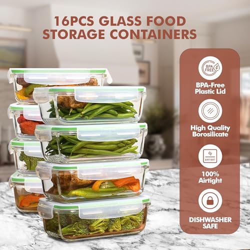 Image of Razab 16 Pc (Set of 8) 30 Oz Glass Meal Prep Containers with Lids, Airtight Large Glass Food Storage Containers, Reusable Leak Proof BPA Free, Freezer to Oven and Dishwasher Safe