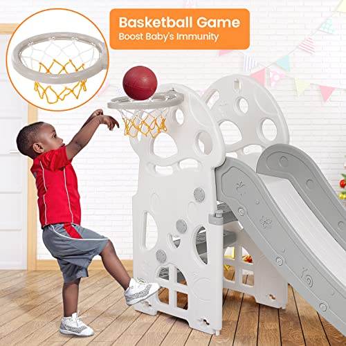4 in 1 Toddler Slide, Indoor Slide for Toddlers with Extra Long Slipping Slope and Basketball Hoop, Baby Slide for Kid Play Climber Slide Playground, Ideal Gift for Age 1-7 Boys & Girls (Grey)