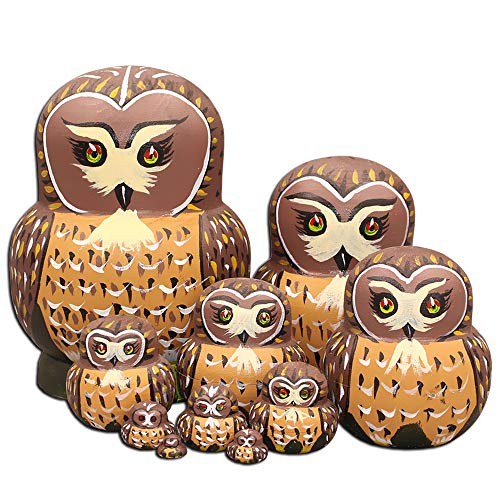 Moonmo 10Pcs Brown Owl Handmade Wooden Russian Nesting Dolls Matryoshka Dolls Set #TOP1
