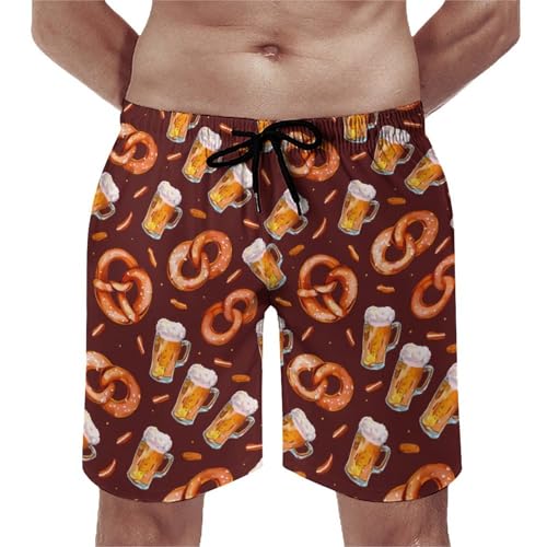 Pretzel and Beers Pattern Mens Swim Trunks Quick Dry Beach Swimming Shorts with Mesh Lining and Pockets