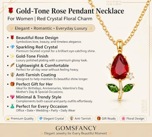 Image of Gold-Tone Rose Pendant Necklace for Women with Red Crystal, Floral Charm Chain Stainless Steel Anti Tarnish Waterproof Hypoallergenic, Gift for Her