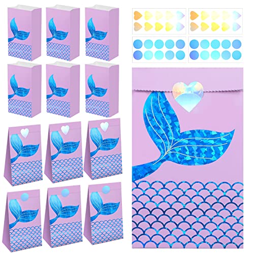 30 Pieces Mermaid Party Favor Bags Mermaid Gift Goodie Paper Bags Favors Mermaid Birthday Candy Treat Bags Mermaid Tail Goodies Bag with Stickers for Mermaid baby Birthday Party Supplies