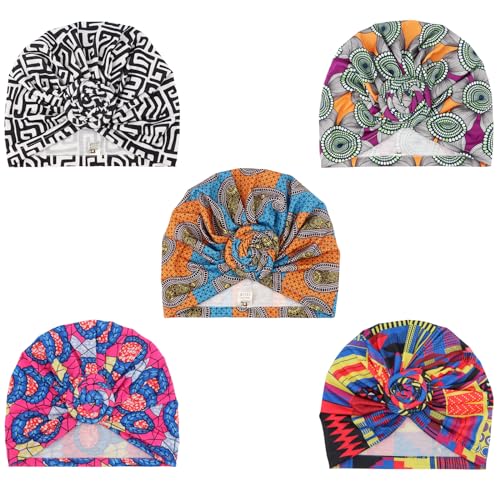 Image of DRESHOW 5 Pack Knotted Headwraps for Women African Turban Pre-Knotted Beanie Headwraps Hair Covers