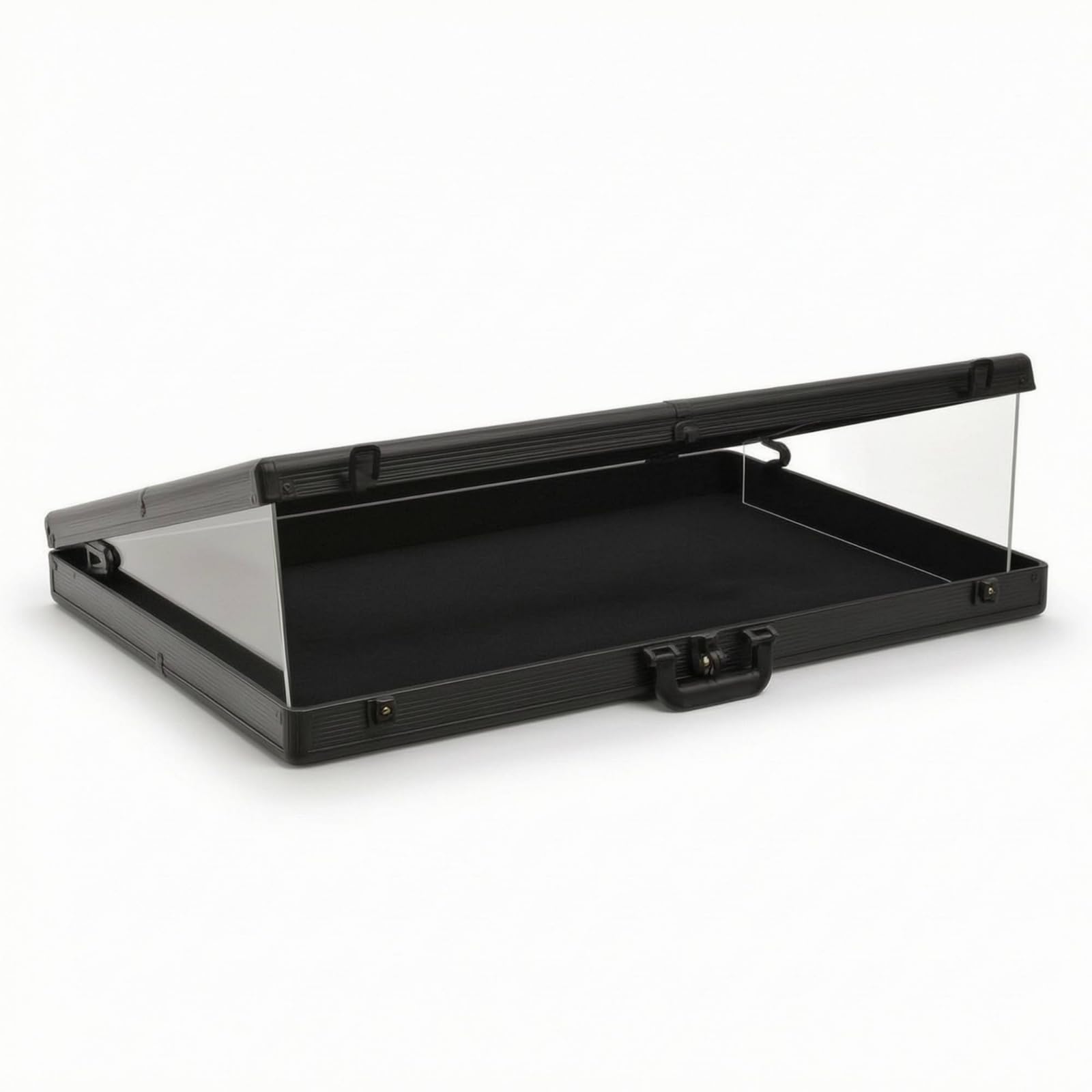 Milageto Soporte Expositor Plegable Vitrina Mesa Organizador Mostrador con Marco de Aluminio y Tapa Acrílica Diseño Profesional y Ordenado Capacidad 18L , 60 50 7.5 , Negro Brillante