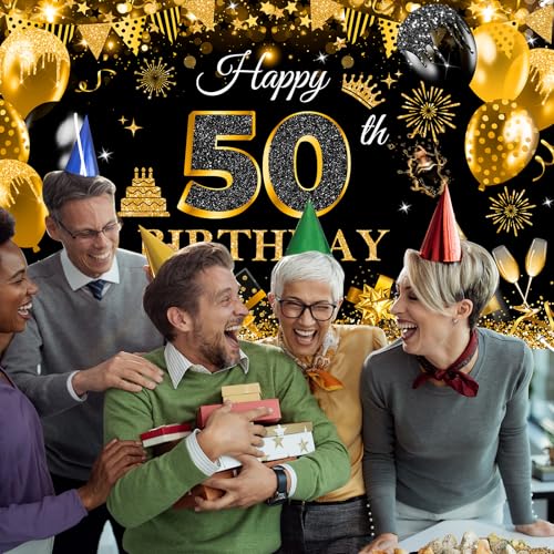 Image of Avezano Happy 50th Birthday Banner for Men Boys Black and Gold Glitter Balloon 50 Birthday Party Backdrop 50 Year Old Bday Photo Backdrop Party Supplies 70.8 x 43.3 Inch