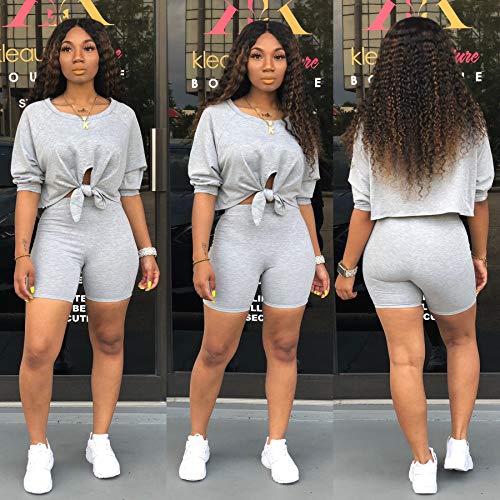 2 Piece Sets for Women - Sexy Long Sleeve Crop Tops + Skinny Shorts Two Piece Outfits (Large, C - Grey)