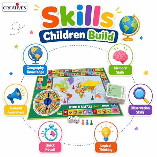Image of Creative's World Safari Senior| World Geography Learning Game for Kids & Adults| Educational Board Games with World Map, Learn about Countries, Capitals, Continents, GK Quiz, Ages 10+, 2-6 Players