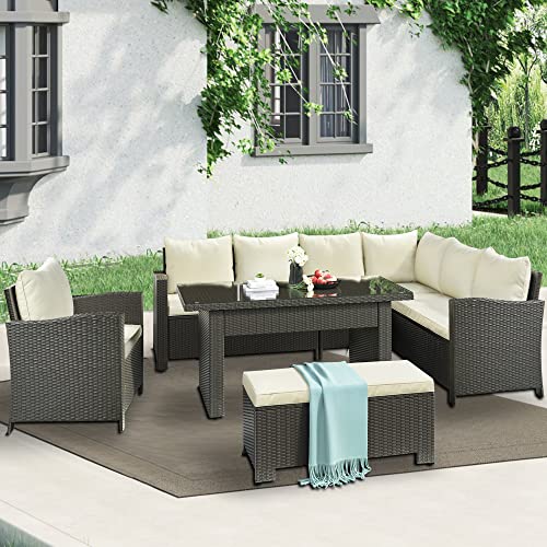 Image of DEVOKO 5-Piece Outdoor Patio Furniture Set All-Weather Wicker Conversation Set with Dining Table, Chairs & Ottoman for Garden, Poolside, Backyard (Dark Brown & Cream)