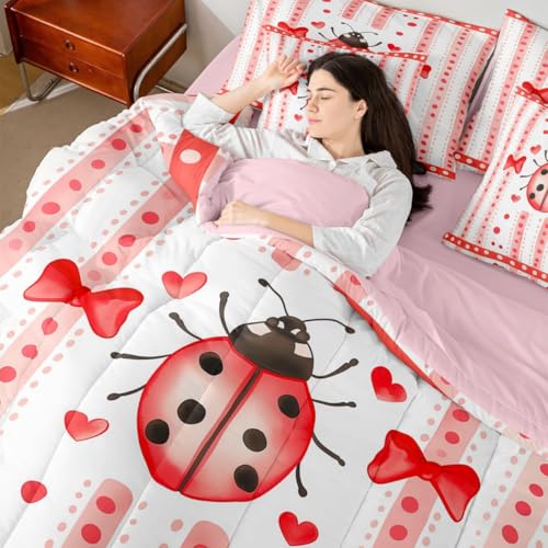 Image of Castle Fairy Cute Ladybug 7 Pcs Full Size Comforter Set Girly Romantic Style Bedding Sets Red Pink Bow Polka Dots Stripes All Season Comforter,Flat Sheet,Fitted Sheet,2 Pillowcases,2 Pillow Covers
