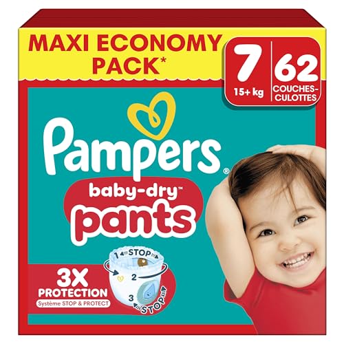 Pampers Baby Dry Pants Taille 7, 62 Couches-Culottes, 15kg+, Maintien 360° Pour Aider À Éviter Les Bâillements et Les Fuites