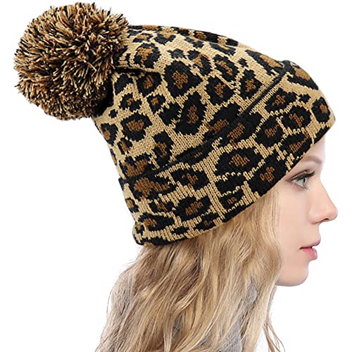 Leopardo Gorro de Punto con Pompón para Mujer Gorro de Invierno Cálido Cover