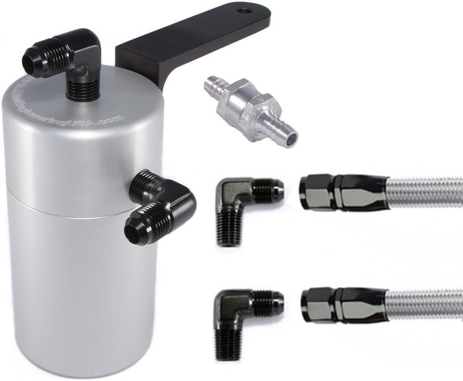 Elite Engineering Standard PCV Oil Catch Can & Hardware with Black AN Fittings, Check Valve & Clamps for 2006+ Dodge Hemi 5.7L - CLEAR