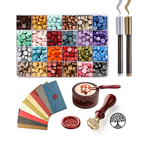 TWSOUL Wax Seal Stamp Kit, 645pcs Wax Seal Kit with Wax Sealing Beads, 12 Vintage Envelopes, Sealing Wax Warmer and 2 Metallic Pen for Stamp Seals Letter Sealing, Crafts