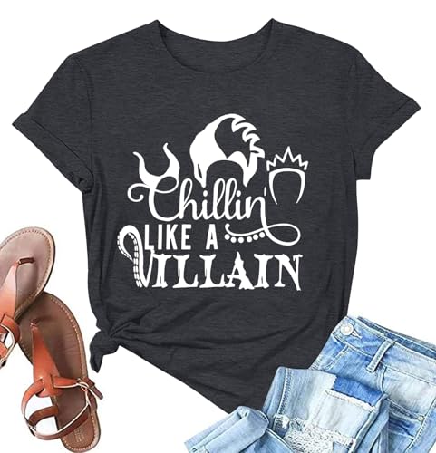 Chillin Like a Villain Shirt Women Villain Letters Print Short Sleeve Shirt Holiday Descendants Tee Tops Dark Grey