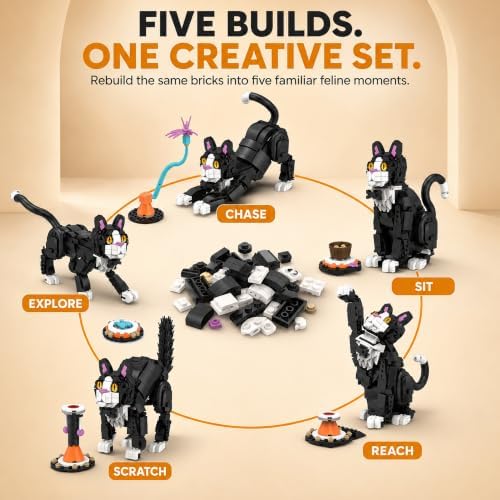 DeDaBrick Tuxedo Cat Building Set, 5-in-1 Creative Cat Toy for Kids Ages 8+