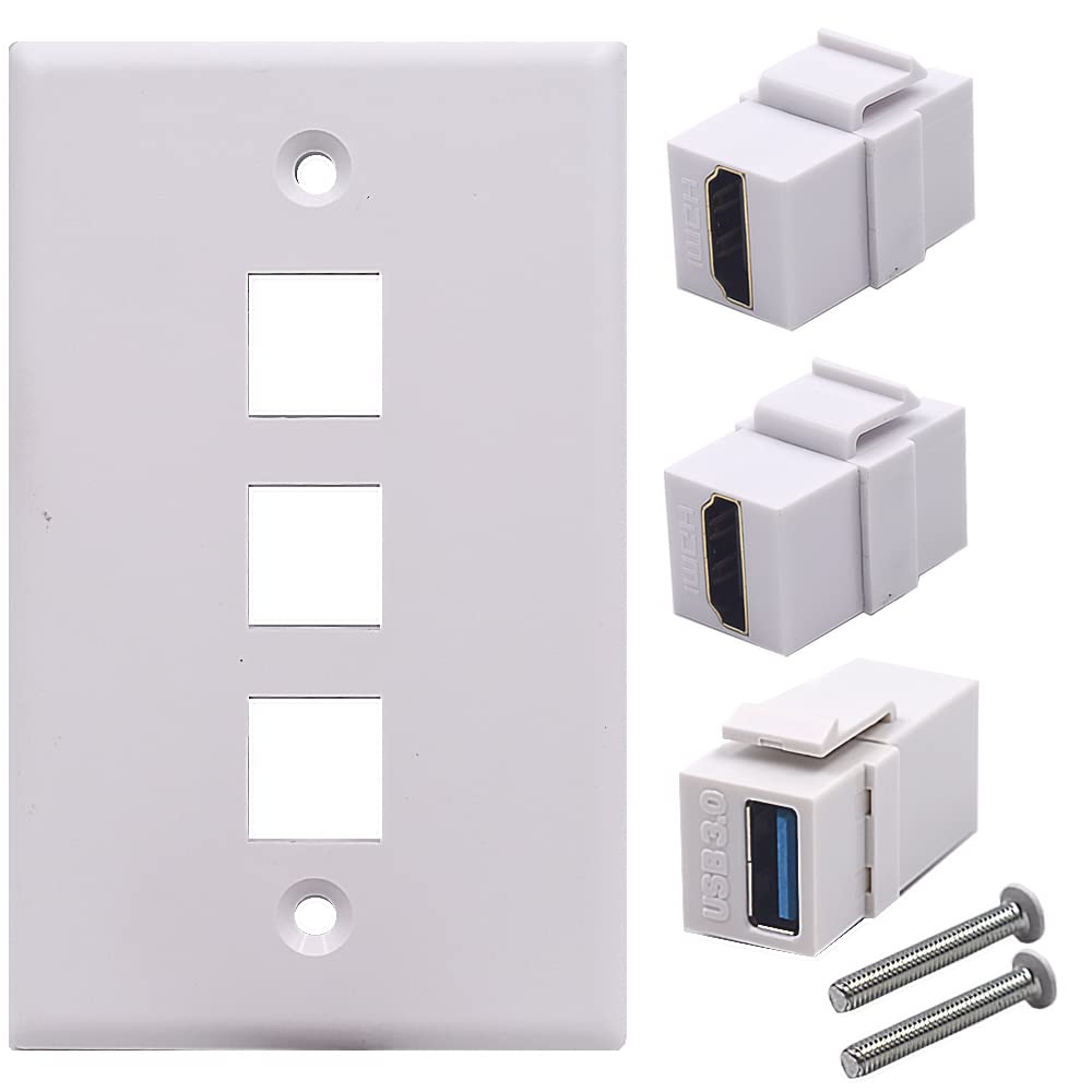 Kework 3-Port Wall Plate, 2x HDMI 4K & 1x USB 3.0, Black, 2.76 x 4.53 Inches, Compatible with TV, Gaming Consoles, Set-Top Boxes