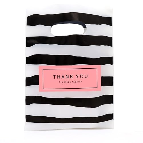 Miniatura 3 de Joyhey 100 bolsas de plástico de 5.8 x 7.8 pulgadas, bolsas de boutique con asas troqueladas, color negro, gracias