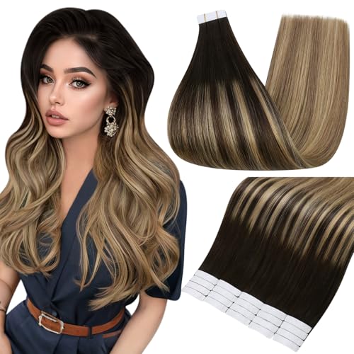 Image of Full Shine Tape in Extensions, Dark Brown Honey Blonde Ombre 22 Inch | 50g 20PCS, Seamless Skin Weft Hair Extensions Tape in, Invisible Soft Finish Add Length Dimensional Honey Brown Styling