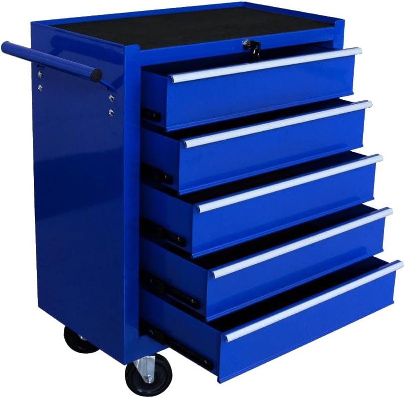 Rolling Garage Workshop Tool Organizer 5 Drawer Tool Chest, Tool Storage Cabinet for Garage Storage with 4 Wheels and Locking System, Blue