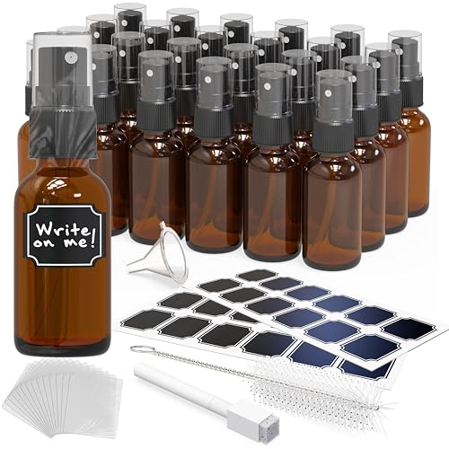 Nevlers 1 Oz Amber Glass Spray Bottles for Cleaning & Refreshment 24 Pack