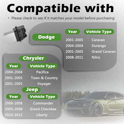 Image of Front Auto Temp HVAC Blower Motor Resistor Compatible with Chrysler Pacifica Town & Country Voyager Caravan Grand Caravan Durango Nitro - Commander Grand Cherokee Liberty Replaces 4885482AA RU-638