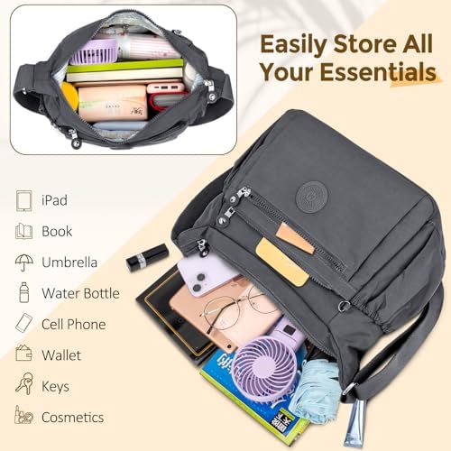 WACCET Grote schoudertas voor dames, waterdichte nylon crossbody tas voor dames met verstelbare brede schouderriem, handtas voor dames met veel vakken, lichte schoudertas voor reizen, werk