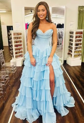 Ruffle Prom Dress Corset Tiered 2025 Strapless Long Chiffon Formal Evening Gown with Slit3