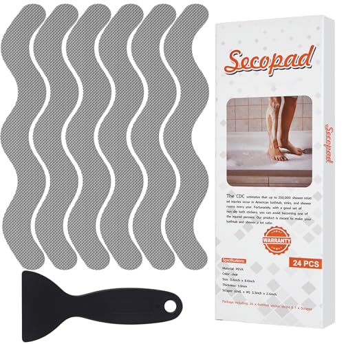 Secopad Anti Slip Shower Stickers, Adhesive Decals Safety Strips with Scraper for Bath Tub, Shower Floor, Stairs, 24 Pieces (Gray)