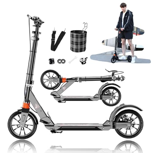 ZQHQKJ Big Wheel Scooters for Kids Ages 8-12, Teens and Adults. Manual Kick Scooter for Boys and Girls, with Hand Brake, Shock Absorption, Foldable and Height Adjustable, Bearing ABEC9,Black