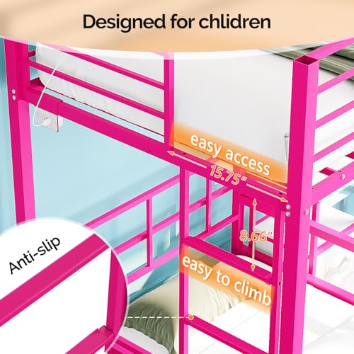Image of VINGLI Twin Over Twin Bunk Bed with Desk, 15'' Extra High Guardrail Loft Bed with LED Lights,2 Charging Station,and 2 Storage Drawers,2 Deckers Bed,Metal Space Saving Platform Bed with Vanity,Pink