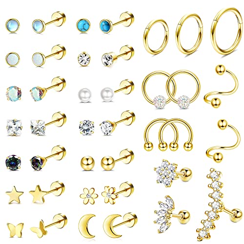MILACOLATO 20G Pendientes Pequeños Para Mujer Hombre Acero Quirúrgico Zirconia Ópalo Luna Corazón Estrella Cartílago Pendientes Aros Plata Oro Septum Helix Daith Tragus Piercing Oreja Joyería 40Oro