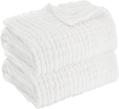 Aablexema Muslin Baby Blanket Set of 2, 6-Layer 43 x 43 Inches Newborn Toddler Bath Towel Swaddle Wrap Blankets for Boys GirlsWhite