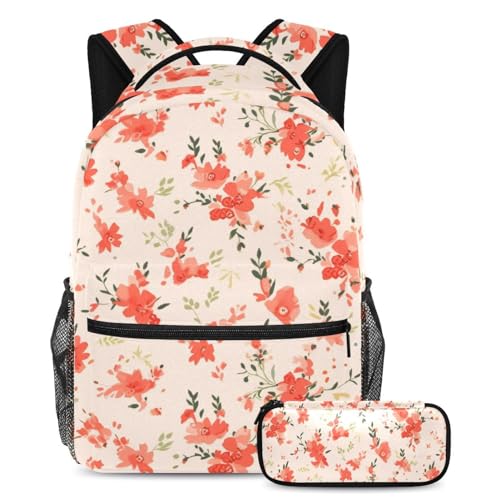 Cartables 2 pièces avec sac à dos floral rouge et trousse pour école